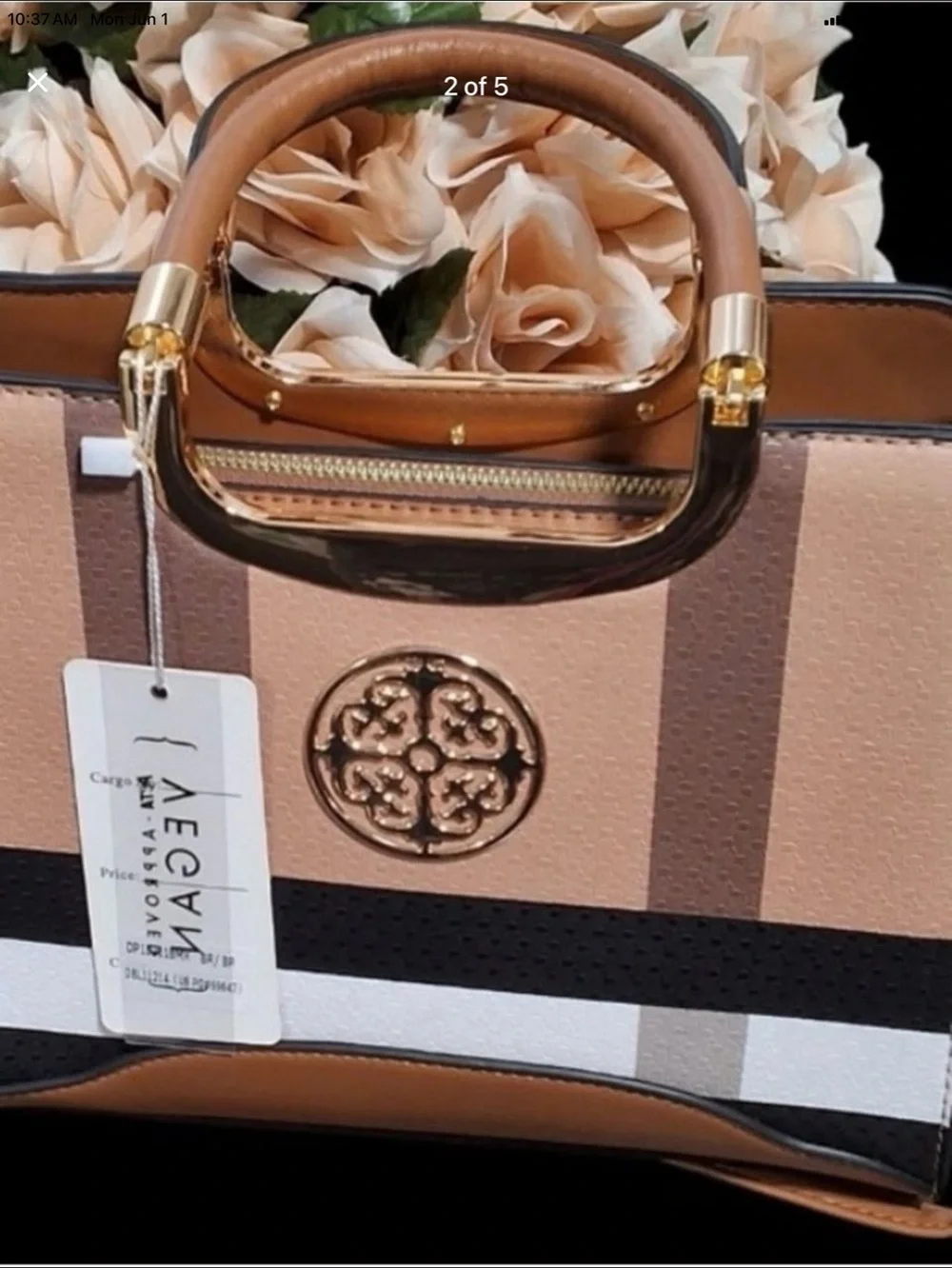 Vegan Approved Structured Stripe Top-Handle Satchel in Taupe and Tan